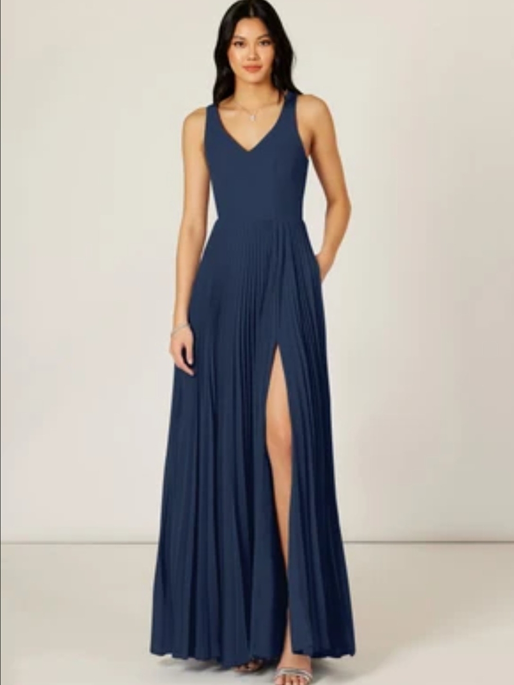 V-Neck Navy Pleated Maxi Dress with Side Slit